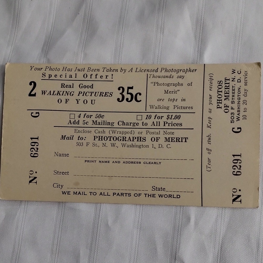 Vintage Walking Pictures Photography Receipt Photos of Merit Washington DC 6291